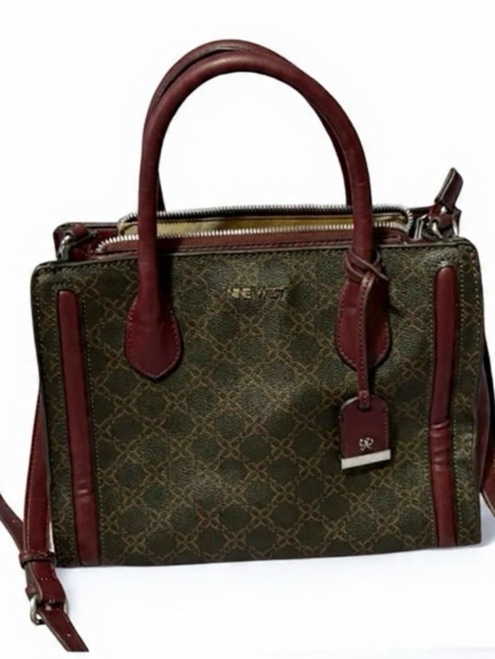 Nine West Burgundy & Brown Monogram Satchel – Faux Leather Crossbody Bag